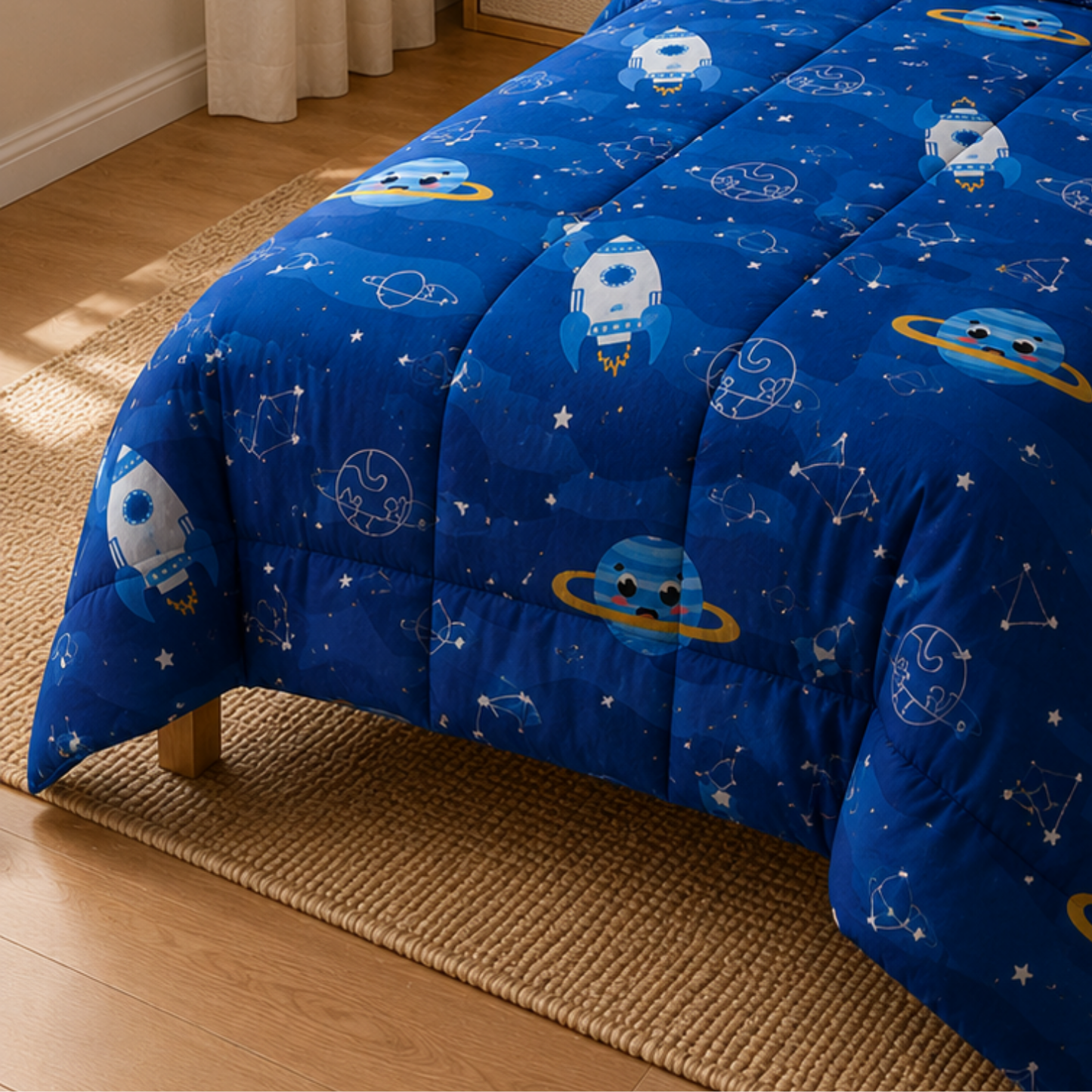 HABOO Space Explorer Single Bed Comforter Set for Kids | 1 Comforter, 1 Bedsheet & 1 Pillow Cover | Rocket & Planet Print Bedding Set