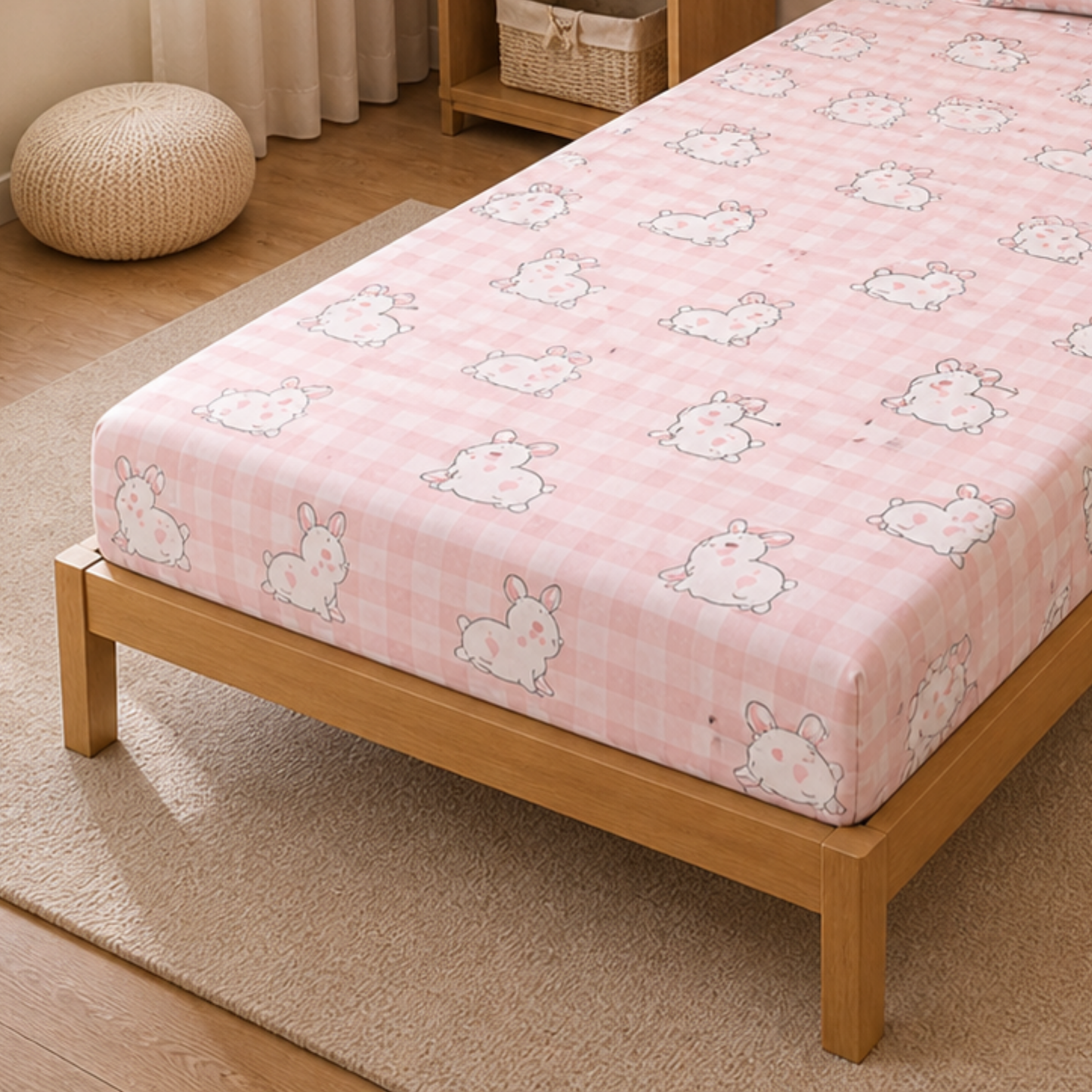 Pink Cute Rabbit Print Single Bedsheet with 1 Pillow Cover | Soft Cotton Kids Bedding Set