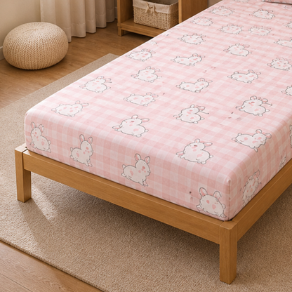 Pink Cute Rabbit Print Single Bedsheet with 1 Pillow Cover | Soft Cotton Kids Bedding Set