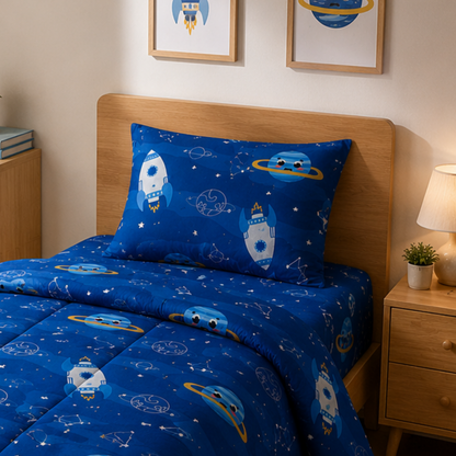 HABOO Space Explorer Single Bed Comforter Set for Kids | 1 Comforter, 1 Bedsheet & 1 Pillow Cover | Rocket & Planet Print Bedding Set