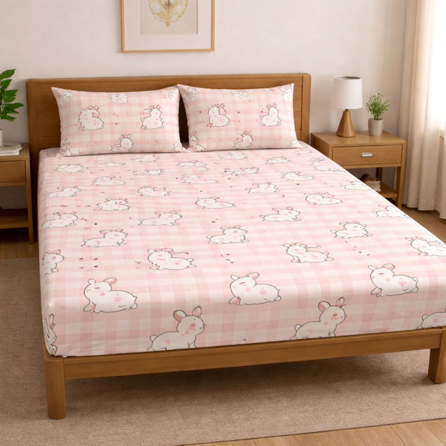 Cute Pink Rabbits with checks Print Double Bedsheet with 2 Pillow Covers | Soft Cotton Kids Bedding Set