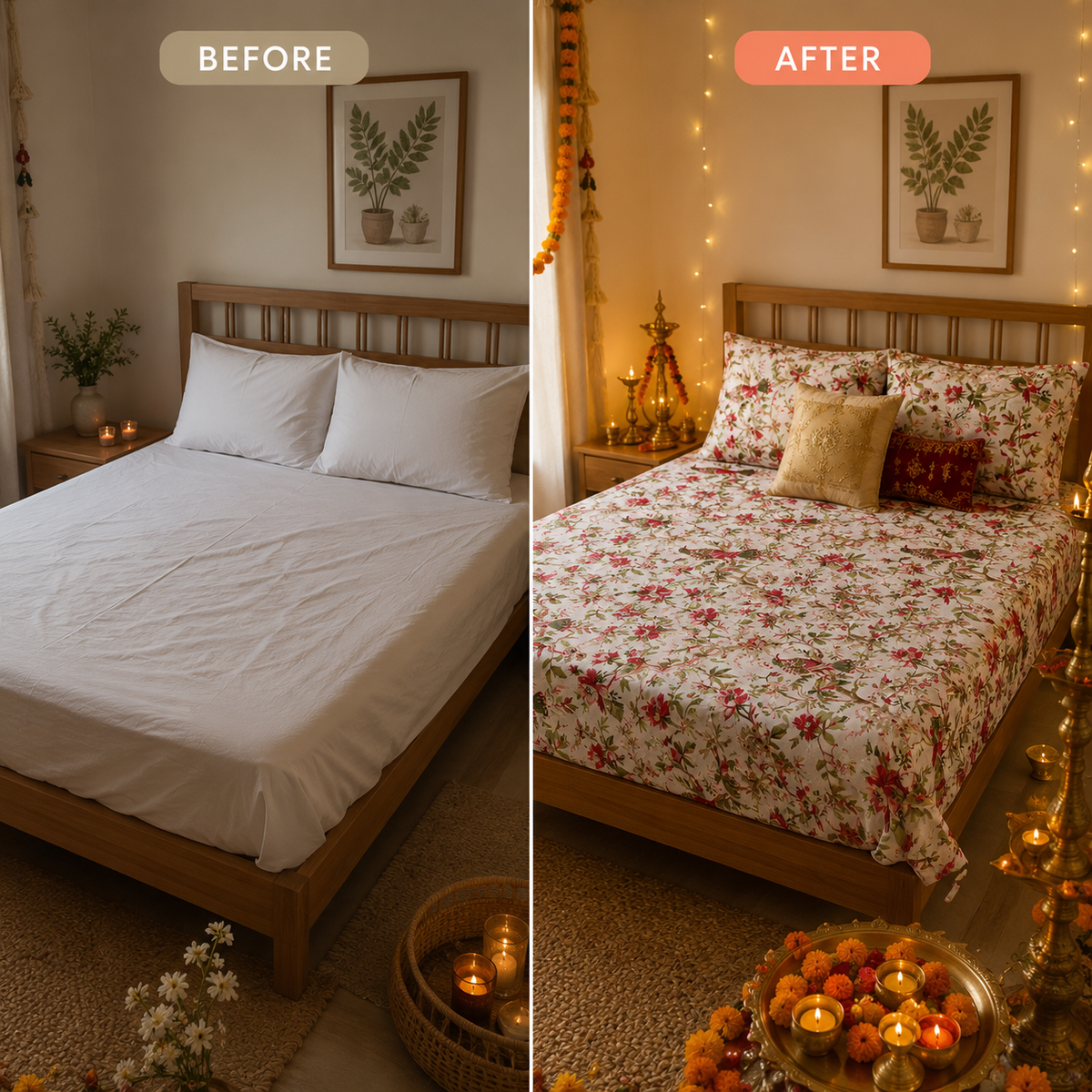 Floral Garden Double Bed Cotton Bedsheet Set with 2 Pillow Covers