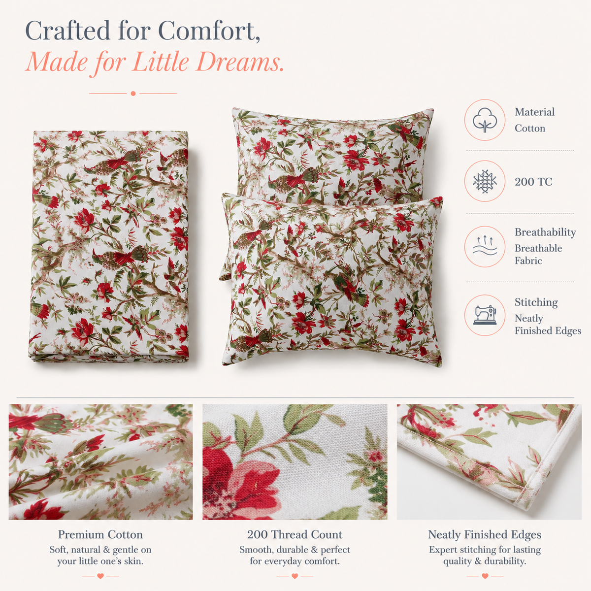 Floral Garden Double Bed Cotton Bedsheet Set with 2 Pillow Covers