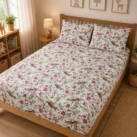 Floral Garden Double Bed Cotton Bedsheet Set with 2 Pillow Covers