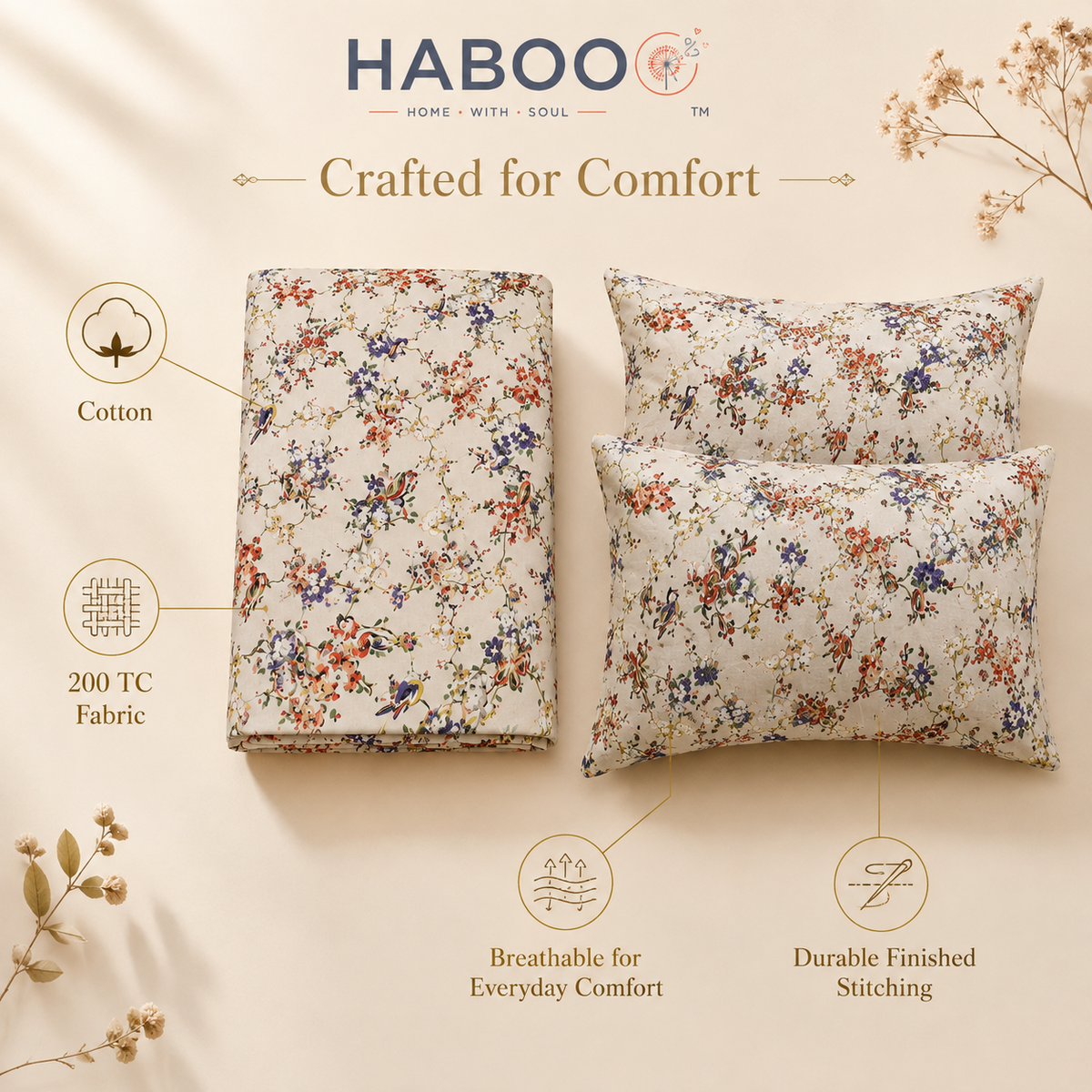 200 TC Pure Cotton Double Bedsheet with 2 Pillow Covers