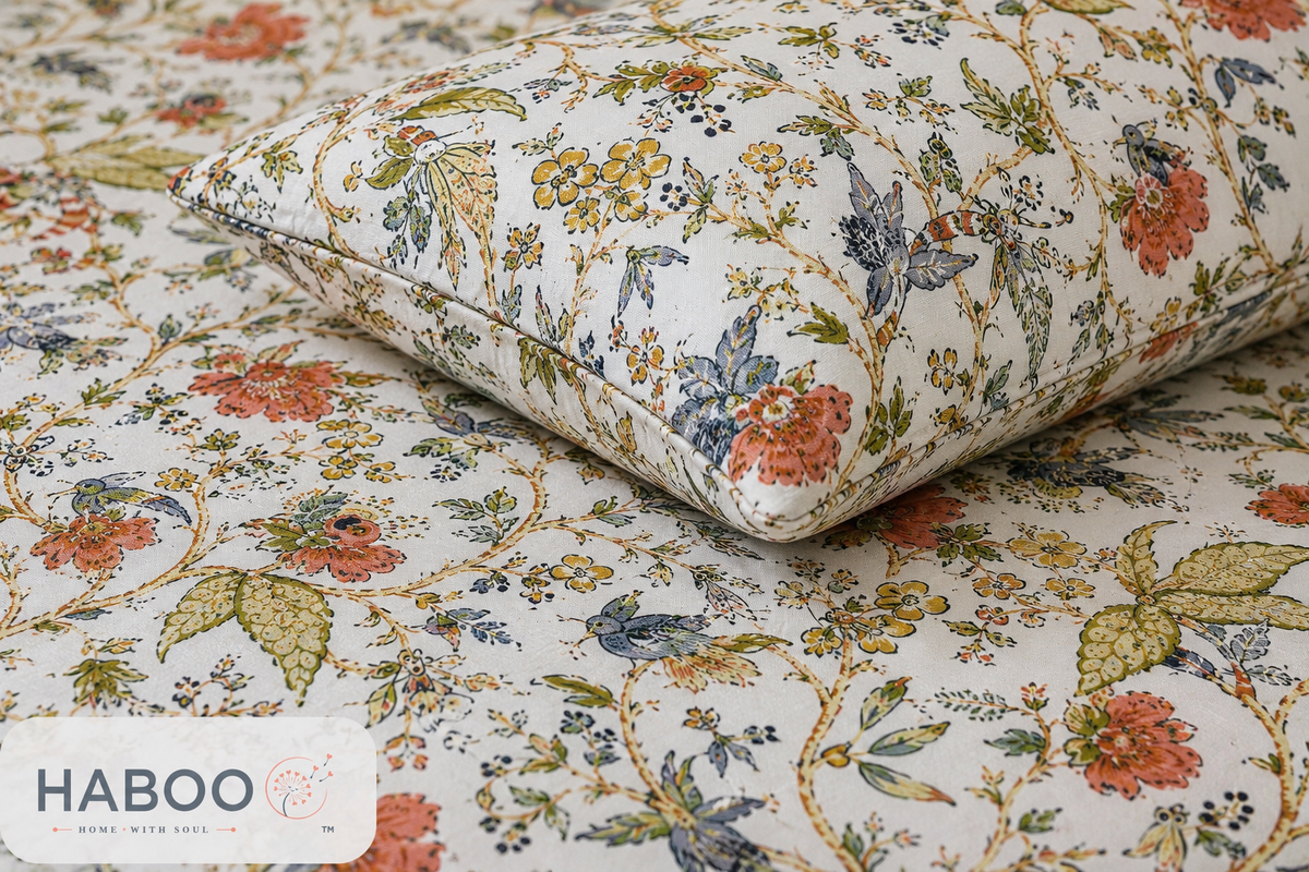 Floral Garden Double Bedsheet with 2 Pillow Covers – Peach Botanical Print