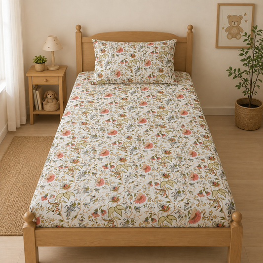 Heritage Petals – Pure Cotton Single Bed Bedsheet with 1 Pillow Cover