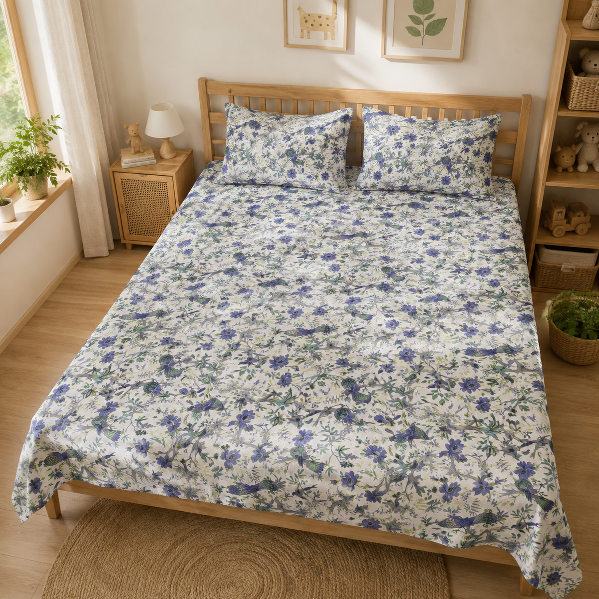 Blue Floral & Bird Printed Double Bed Bedsheet with 2 Pillow Covers | Cotton