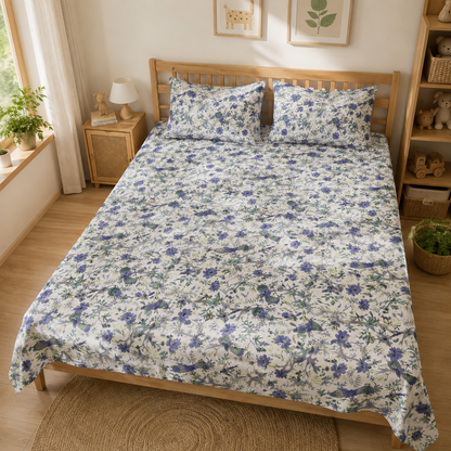 Blue Floral & Bird Printed Double Bed Bedsheet with 2 Pillow Covers | Cotton