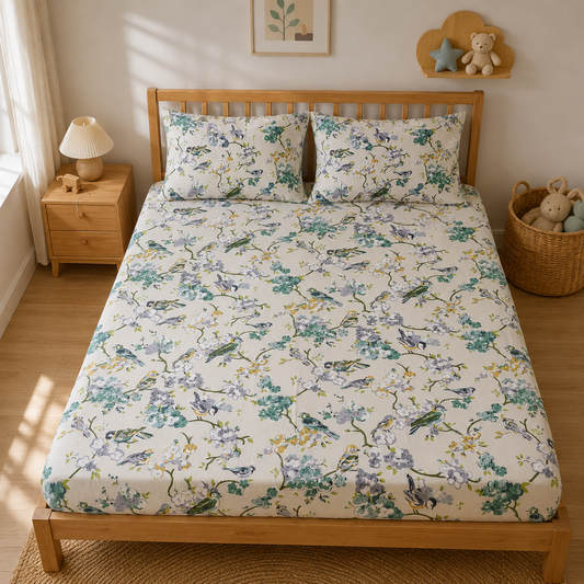 Bird & Blossom Cotton Double Bed Bedsheet with 2 Pillow Covers