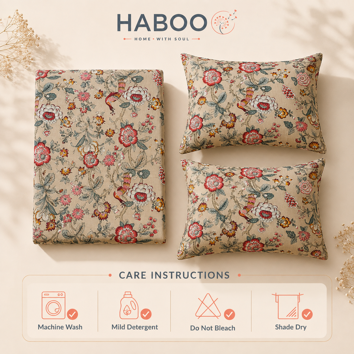 Meadow Bloom King Size Bedsheet – Pure Cotton with 2 Pillow Covers