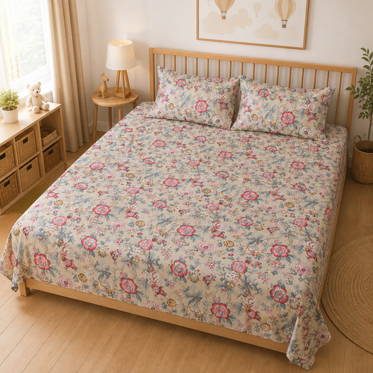 Meadow Bloom King Size Bedsheet – Pure Cotton with 2 Pillow Covers