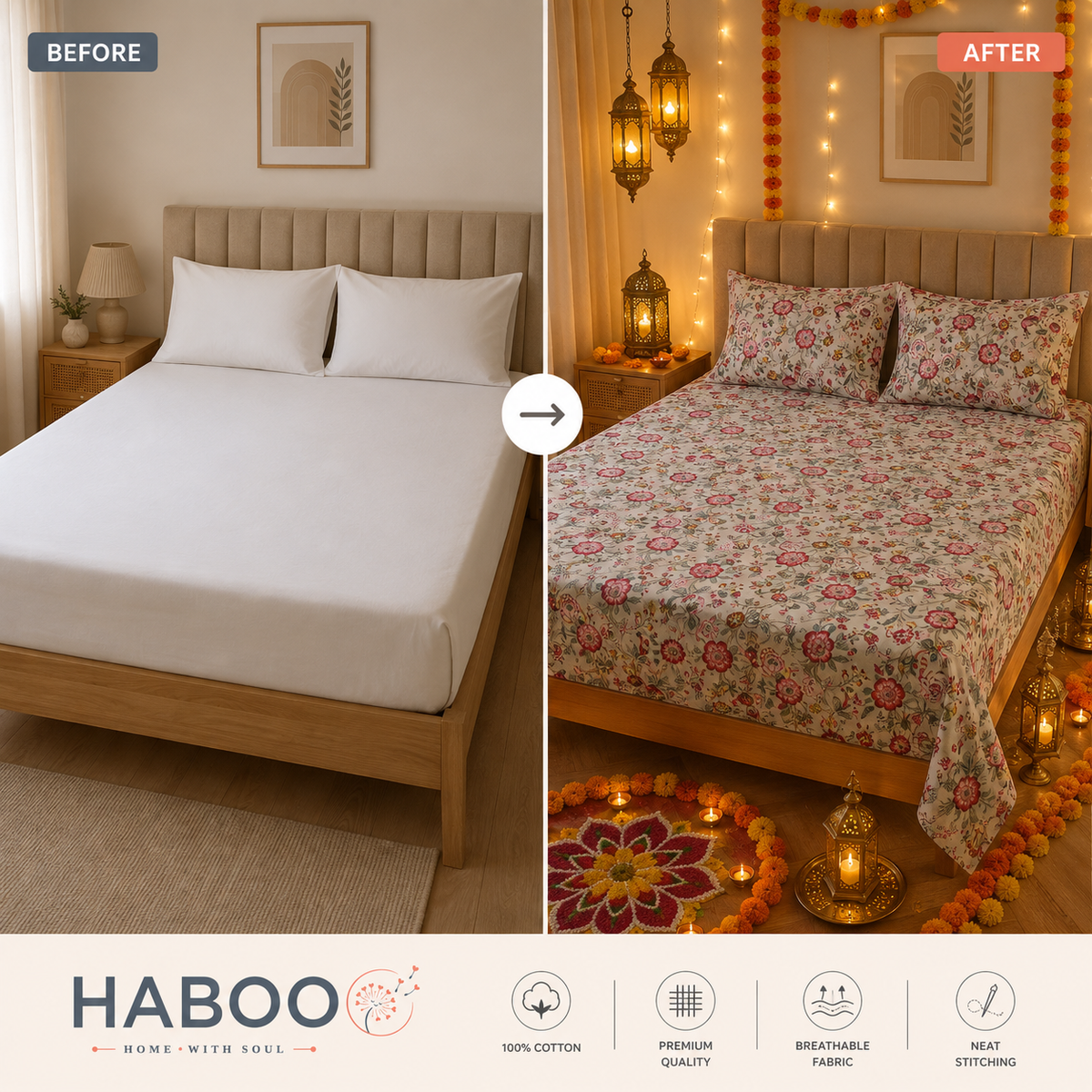 Meadow Bloom King Size Bedsheet | Pure Cotton Floral Bedsheet with 2 Pillow Covers