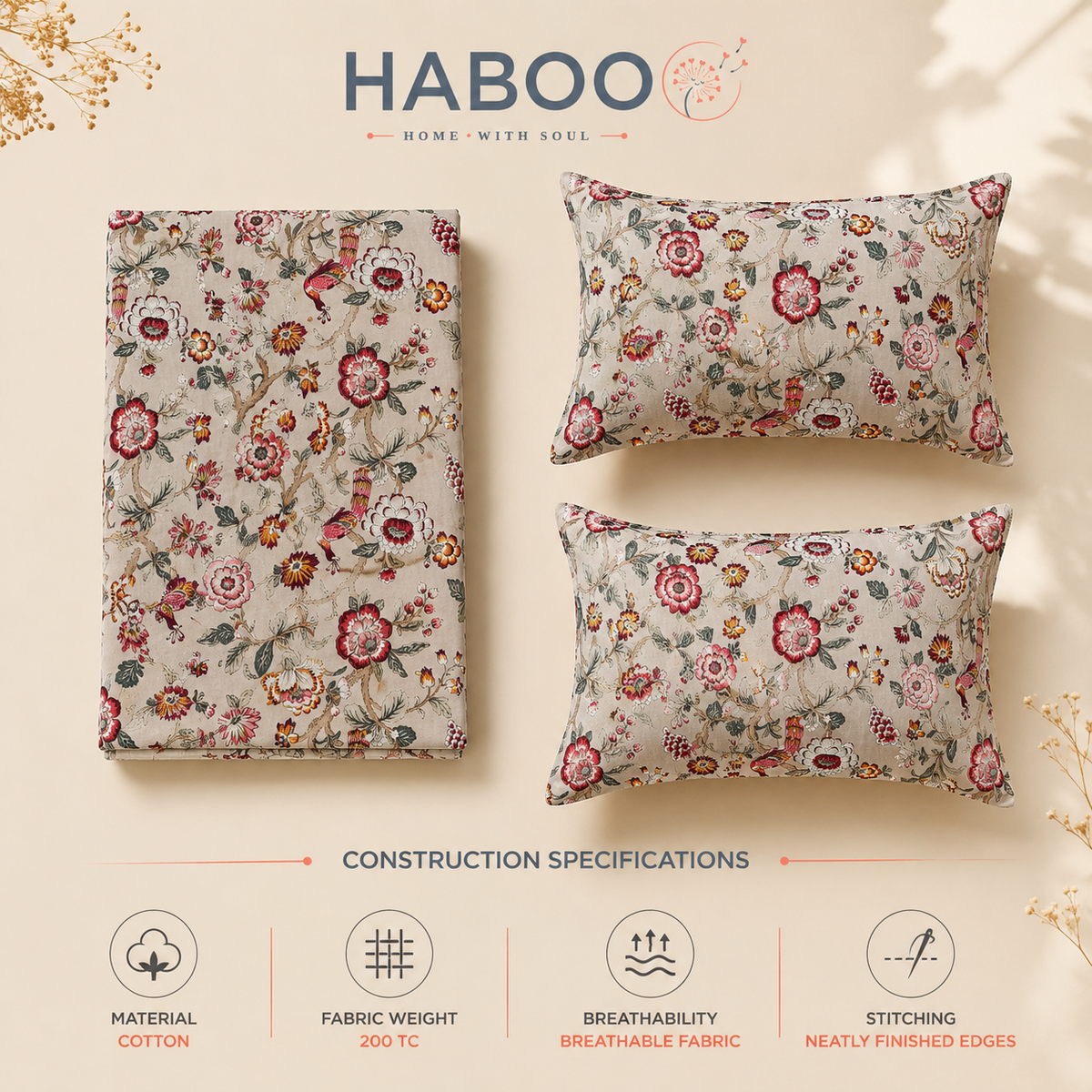 Meadow Bloom King Size Bedsheet | Pure Cotton Floral Bedsheet with 2 Pillow Covers