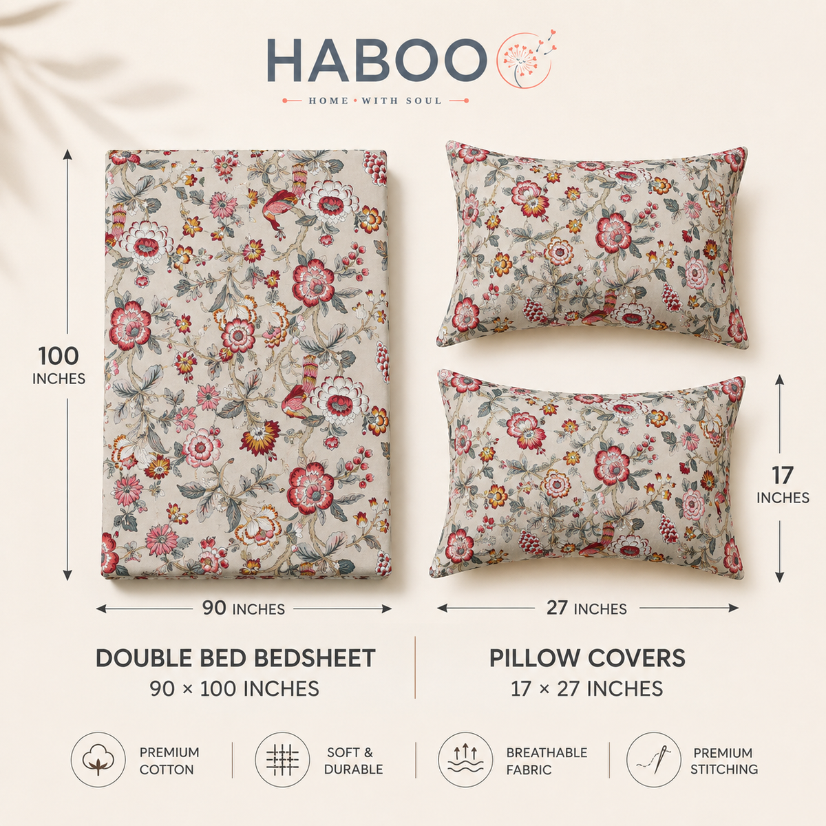 Meadow Bloom King Size Bedsheet | Pure Cotton Floral Bedsheet with 2 Pillow Covers