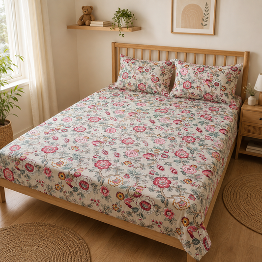 Meadow Bloom King Size Bedsheet | Pure Cotton Floral Bedsheet with 2 Pillow Covers