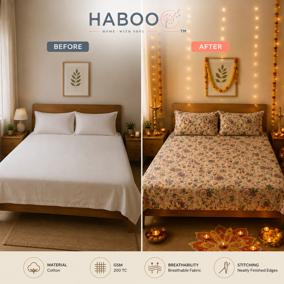 Meadow Garden King Size Bedsheet | Pure Cotton Floral Bedsheet with 2 Pillow Covers