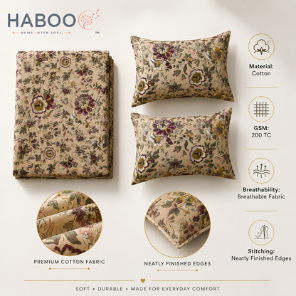 Meadow Garden King Size Bedsheet | Pure Cotton Floral Bedsheet with 2 Pillow Covers