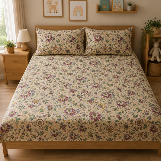 Meadow Garden King Size Bedsheet | Pure Cotton Floral Bedsheet with 2 Pillow Covers