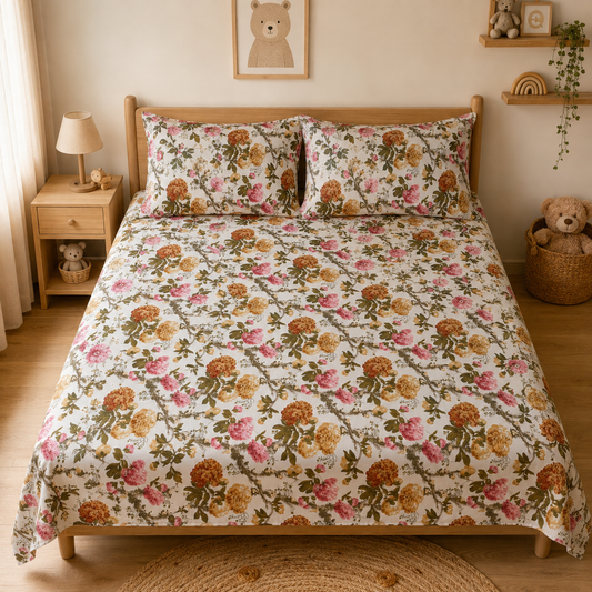 Vintage Rose Garden King Size Bedsheet | Pure Cotton Floral Bedsheet with 2 Pillow Covers