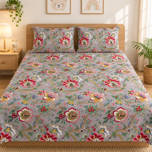 Heritage Bloom King Size Bedsheet | Pure Cotton Floral Bedsheet with 2 Pillow Covers