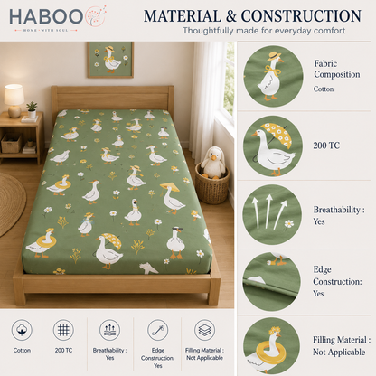 Green Goose Print Cotton Kids Bedsheet Set | Single Bed Bed Sheet with 1 Pillow Cover