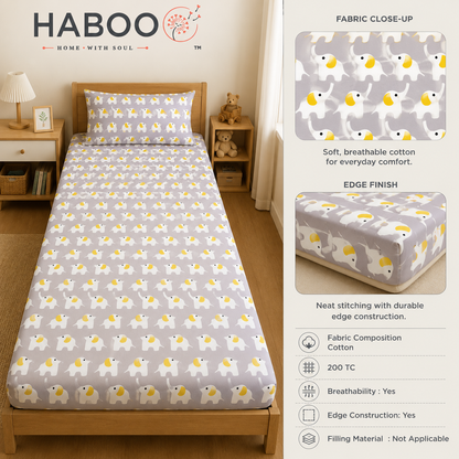 HABOO Kids Single Bed Bedsheet with 1 Pillow Cover | Cute Elephant Print Soft Cotton Blend Bedding Set for Boys & Girls | 60 × 90 Inch