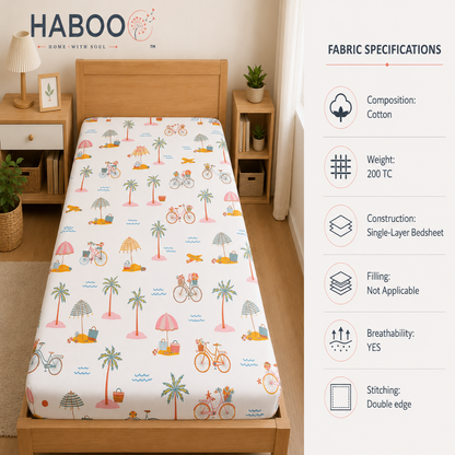 HABOO Kids Single Bed Bedsheet with 1 Pillow Cover | Soft Cotton Blend Beach Print Bedding Set for Boys & Girls | 60 x 90 Inch Kids Bedroom Bedsheet