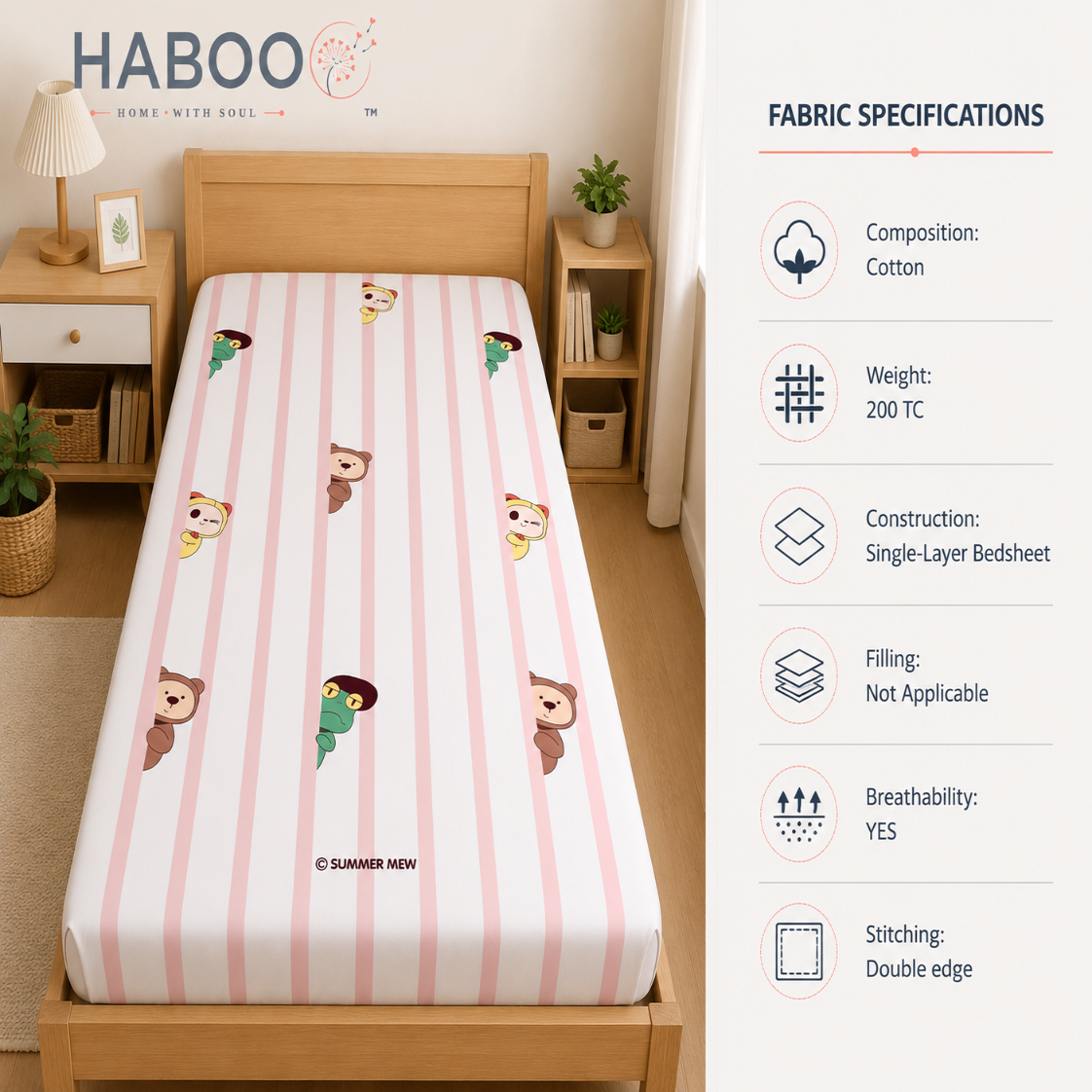 Peekaboo Pals Single Bed Cotton Bedsheet with 1 Pillow Cover | Soft Kids Printed Bedding Set | Premium Breathable Bed Linen