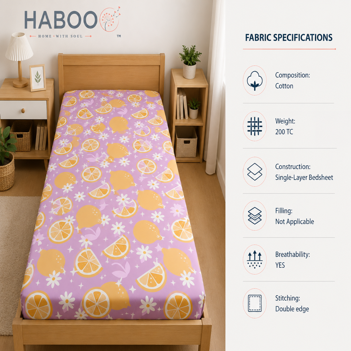 HABOO Citrus Bloom Kids Single Bed Bedsheet with 1 Pillow Cover | Lemon Print Soft Cotton Blend Bedding Set | 60 × 90 Inch