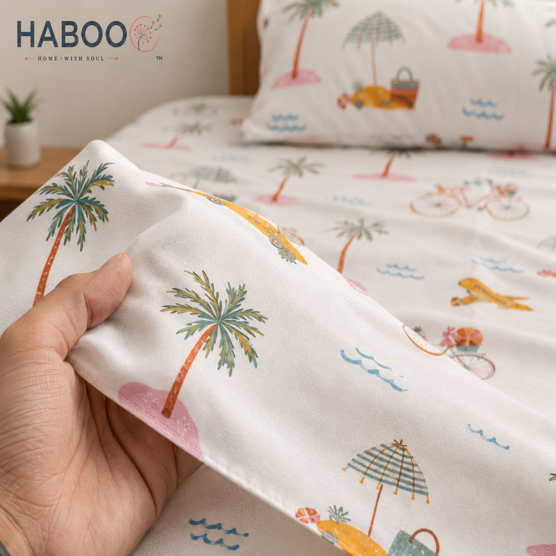 HABOO Kids Single Bed Bedsheet with 1 Pillow Cover | Soft Cotton Blend Beach Print Bedding Set for Boys & Girls | 60 x 90 Inch Kids Bedroom Bedsheet