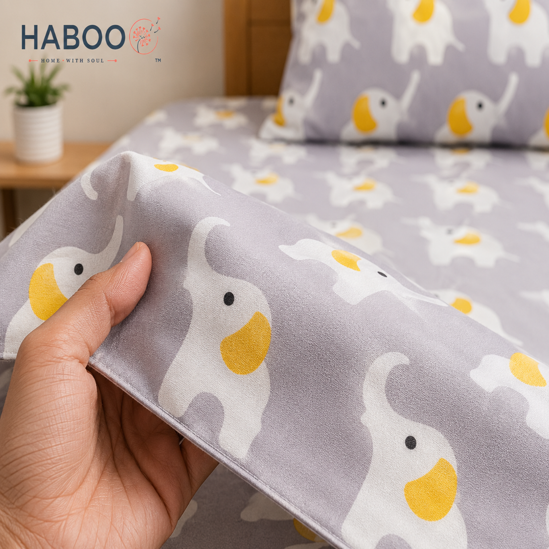 HABOO Kids Single Bed Bedsheet with 1 Pillow Cover | Cute Elephant Print Soft Cotton Blend Bedding Set for Boys & Girls | 60 × 90 Inch