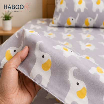 HABOO Kids Single Bed Bedsheet with 1 Pillow Cover | Cute Elephant Print Soft Cotton Blend Bedding Set for Boys & Girls | 60 × 90 Inch