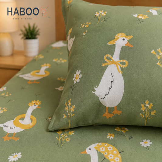 Green Goose Print Cotton Kids Bedsheet Set | Single Bed Bed Sheet with 1 Pillow Cover