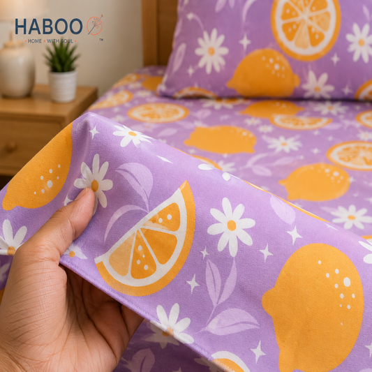 HABOO Citrus Bloom Kids Single Bed Bedsheet with 1 Pillow Cover | Lemon Print Soft Cotton Blend Bedding Set | 60 × 90 Inch