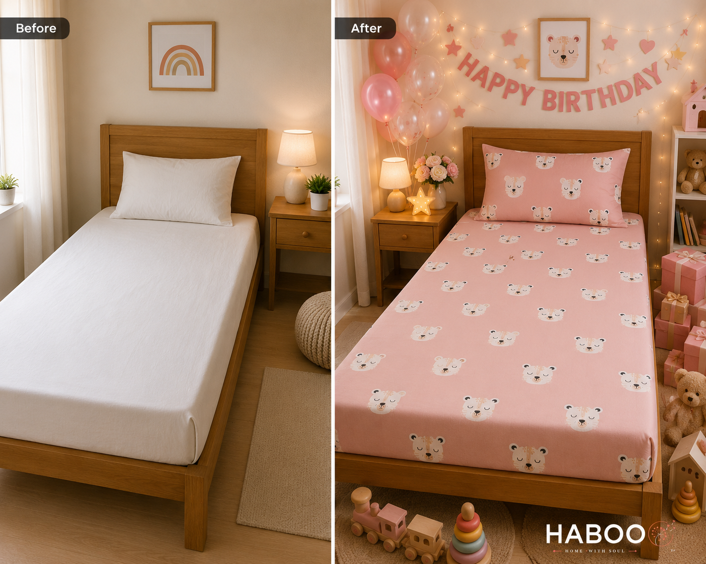 Tiger Cub Cuddle Single Bed Cotton Bedsheet with 1 Pillow Cover | Soft Pink Kids Bedding Set | Premium Breathable Bed Sheet for Girls & Boys