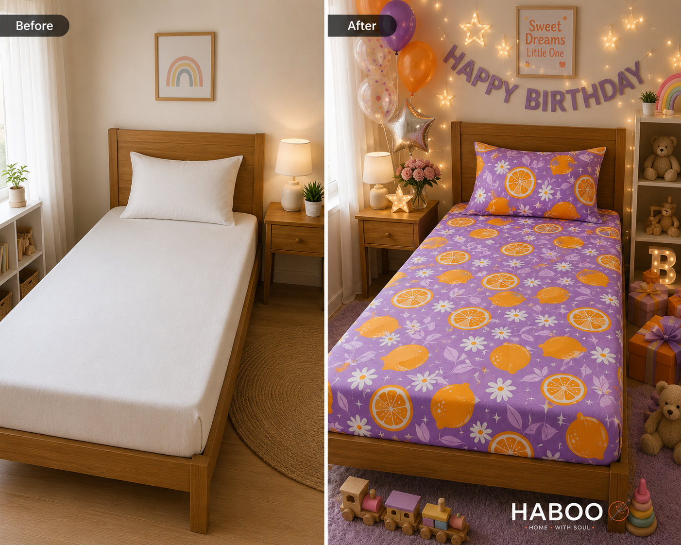 HABOO Citrus Bloom Kids Single Bed Bedsheet with 1 Pillow Cover | Lemon Print Soft Cotton Blend Bedding Set | 60 × 90 Inch