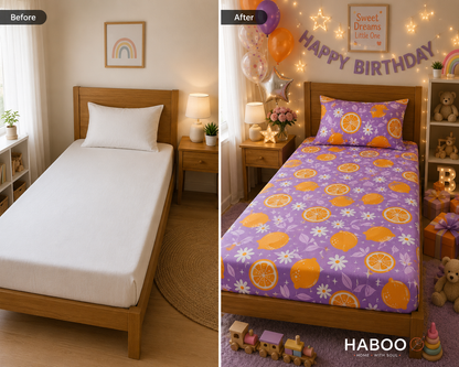 HABOO Citrus Bloom Kids Single Bed Bedsheet with 1 Pillow Cover | Lemon Print Soft Cotton Blend Bedding Set | 60 × 90 Inch