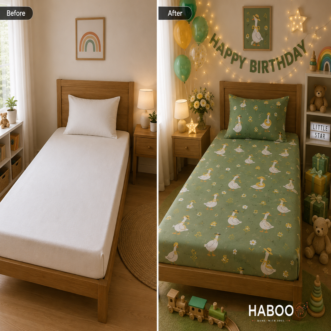 Green Goose Print Cotton Kids Bedsheet Set | Single Bed Bed Sheet with 1 Pillow Cover