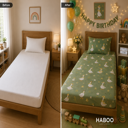 Green Goose Print Cotton Kids Bedsheet Set | Single Bed Bed Sheet with 1 Pillow Cover