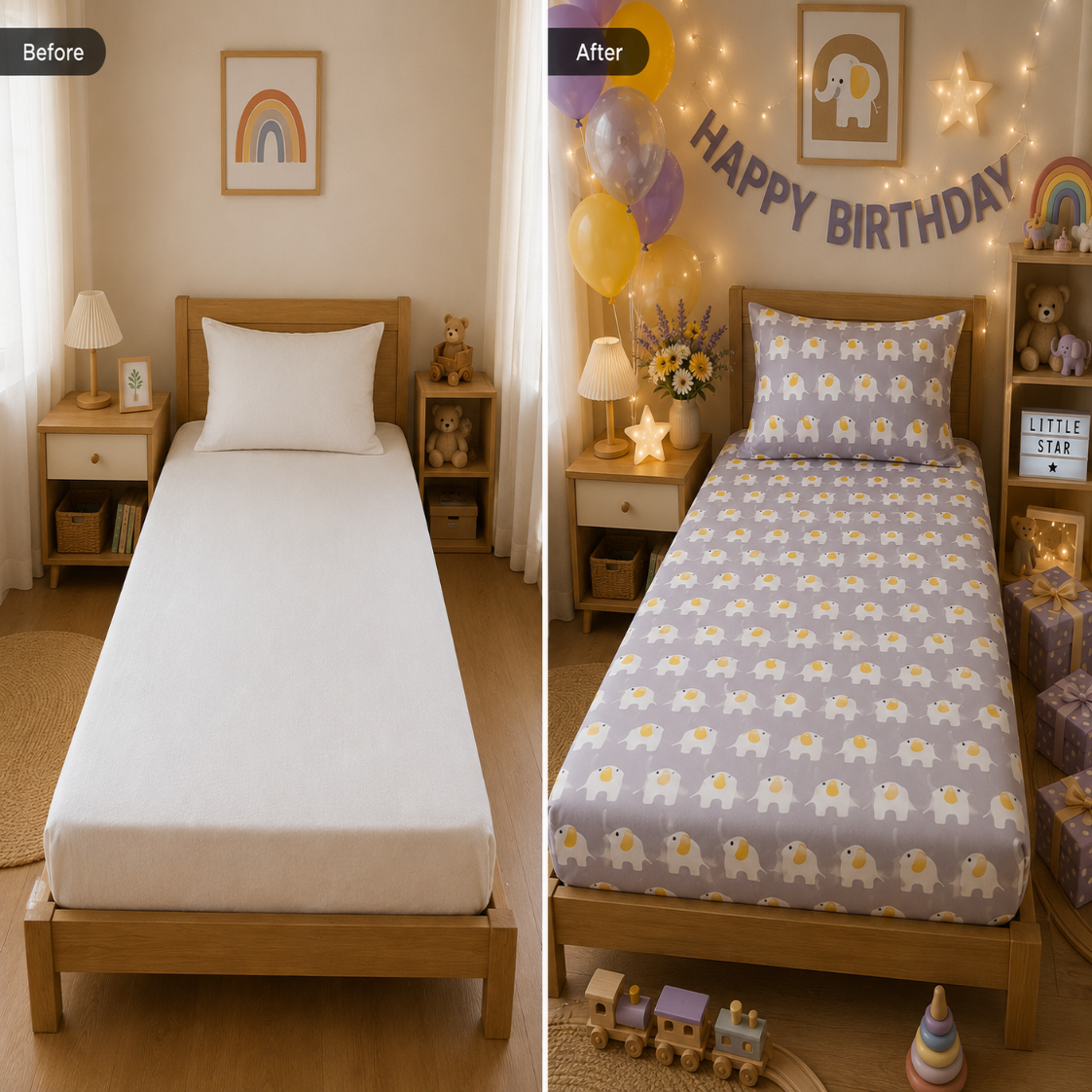 HABOO Kids Single Bed Bedsheet with 1 Pillow Cover | Cute Elephant Print Soft Cotton Blend Bedding Set for Boys & Girls | 60 × 90 Inch