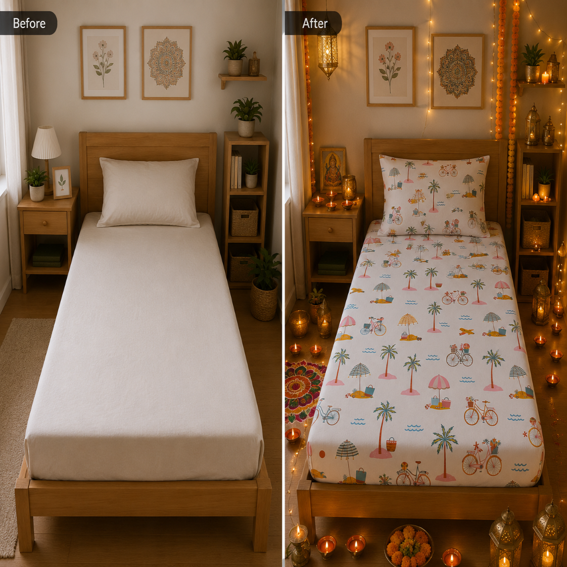 HABOO Kids Single Bed Bedsheet with 1 Pillow Cover | Soft Cotton Blend Beach Print Bedding Set for Boys & Girls | 60 x 90 Inch Kids Bedroom Bedsheet