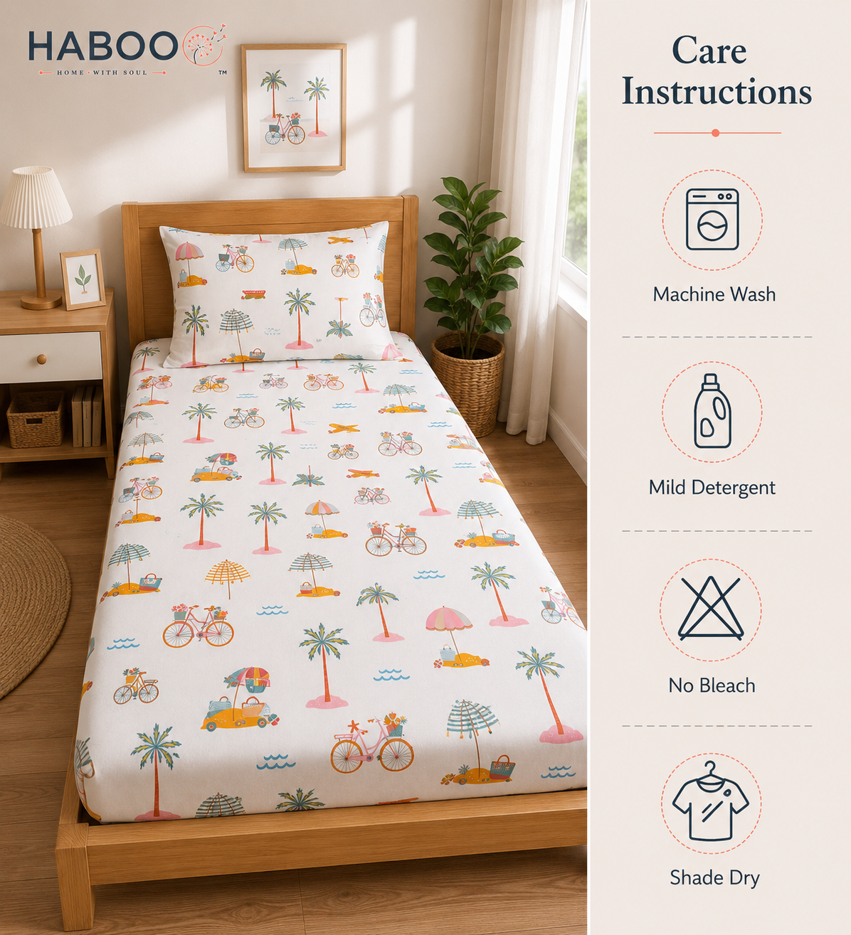 HABOO Kids Single Bed Bedsheet with 1 Pillow Cover | Soft Cotton Blend Beach Print Bedding Set for Boys & Girls | 60 x 90 Inch Kids Bedroom Bedsheet