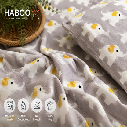 HABOO Kids Single Bed Bedsheet with 1 Pillow Cover | Cute Elephant Print Soft Cotton Blend Bedding Set for Boys & Girls | 60 × 90 Inch