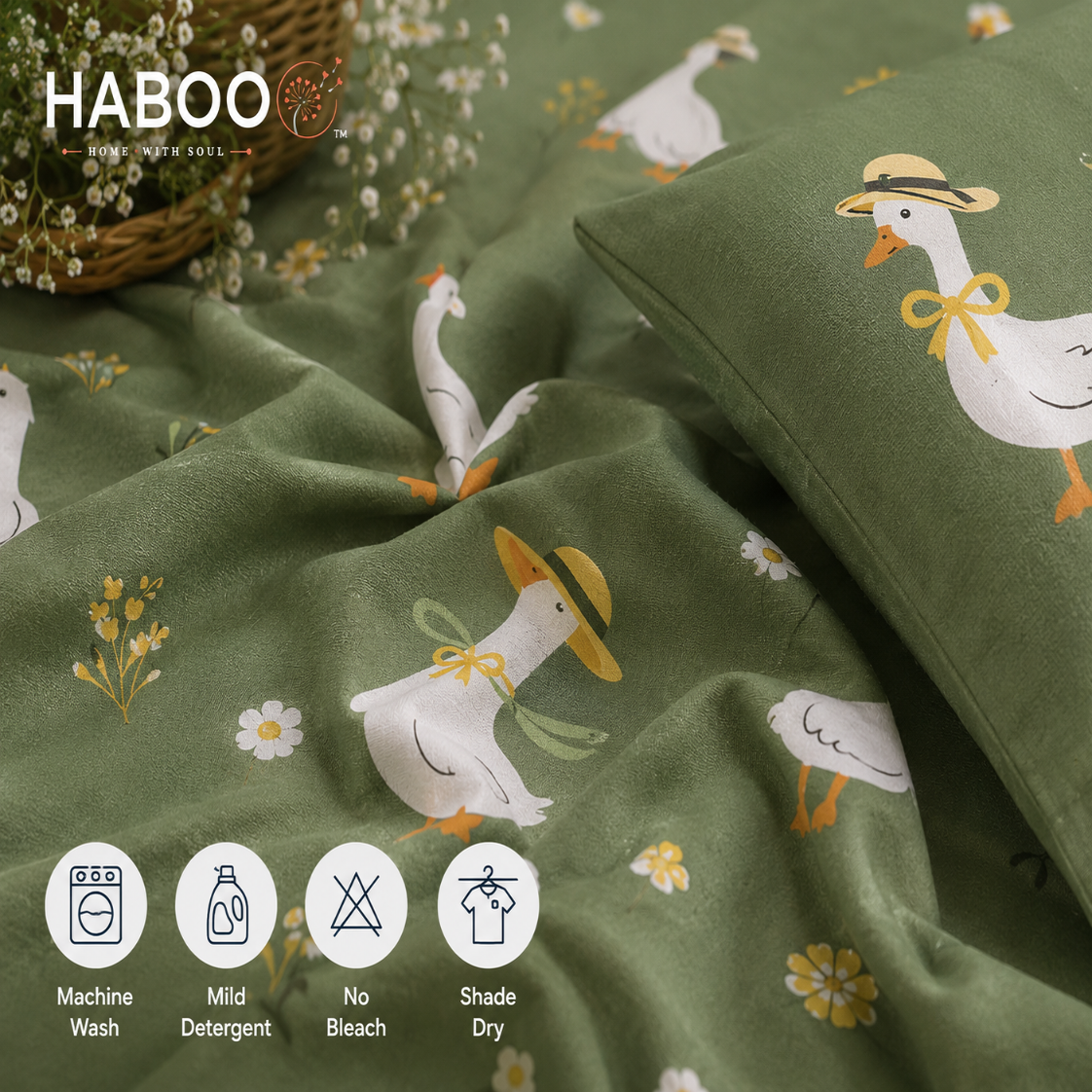 Kids Cotton Double Bed Bedsheet with 2 Pillow Covers | Cute Goose Print Green Bed Sheet for Boys & Girls | Soft Breathable Bedding Set