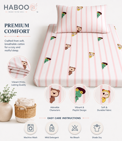 Peekaboo Pals Single Bed Cotton Bedsheet with 1 Pillow Cover | Soft Kids Printed Bedding Set | Premium Breathable Bed Linen