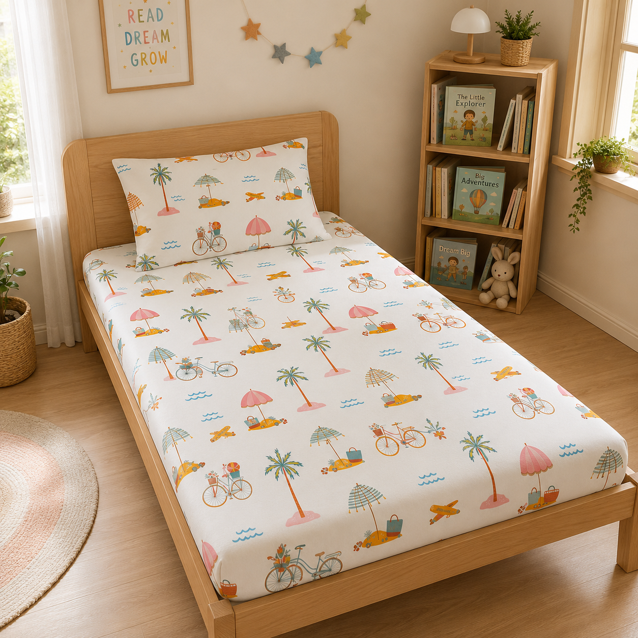 HABOO Kids Single Bed Bedsheet with 1 Pillow Cover | Soft Cotton Blend Beach Print Bedding Set for Boys & Girls | 60 x 90 Inch Kids Bedroom Bedsheet
