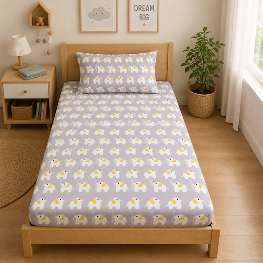 HABOO Kids Single Bed Bedsheet with 1 Pillow Cover | Cute Elephant Print Soft Cotton Blend Bedding Set for Boys & Girls | 60 × 90 Inch