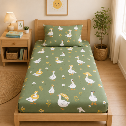 Green Goose Print Cotton Kids Bedsheet Set | Single Bed Bed Sheet with 1 Pillow Cover