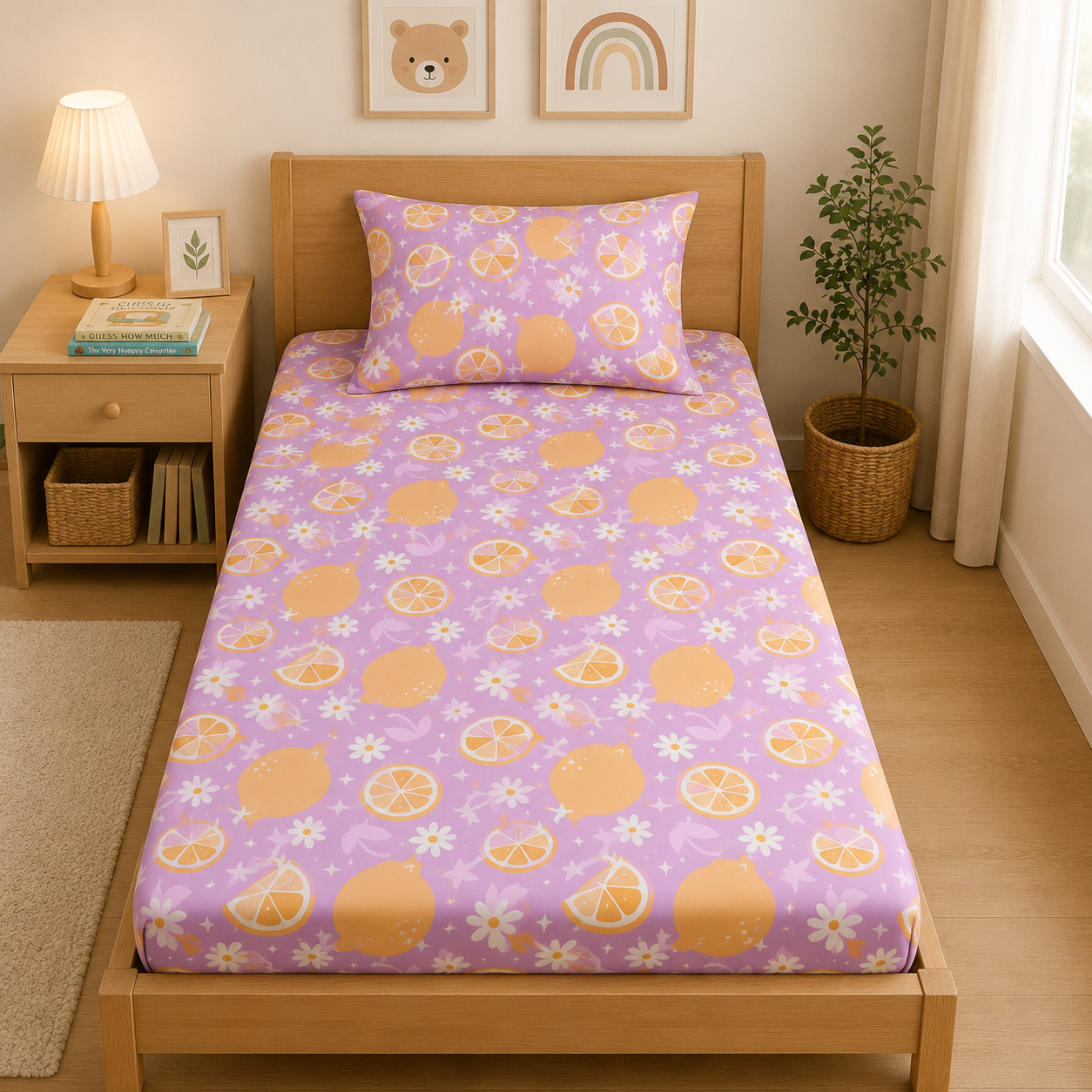 HABOO Citrus Bloom Kids Single Bed Bedsheet with 1 Pillow Cover | Lemon Print Soft Cotton Blend Bedding Set | 60 × 90 Inch